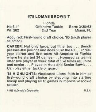 1986 McDonald's Detroit Lions #NNO Lomas Brown Back