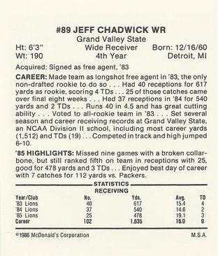 1986 McDonald's Detroit Lions #NNO Jeff Chadwick Back