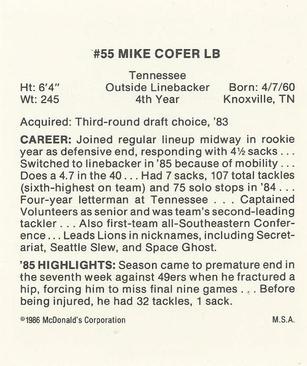 1986 McDonald's Detroit Lions #NNO Michael Cofer Back
