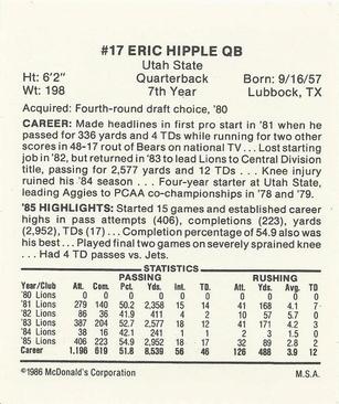 1986 McDonald's Detroit Lions #NNO Eric Hipple Back