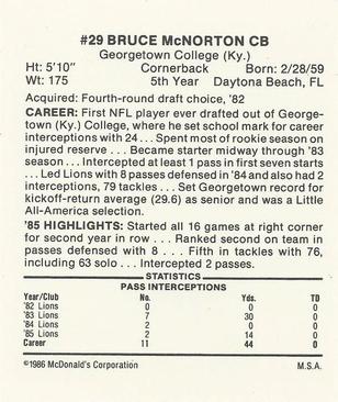1986 McDonald's Detroit Lions #NNO Bruce McNorton Back