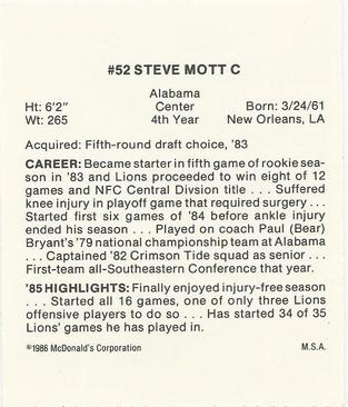 1986 McDonald's Detroit Lions #NNO Steve Mott Back