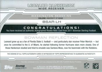 2011 Bowman Sterling - Autographed Relics #BSAR-LH Leonard Hankerson Back