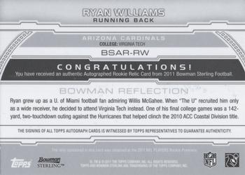 2011 Bowman Sterling - Autographed Relics #BSAR-RW Ryan Williams Back