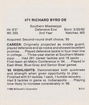 1986 McDonald's Houston Oilers #NNO Richard Byrd Back