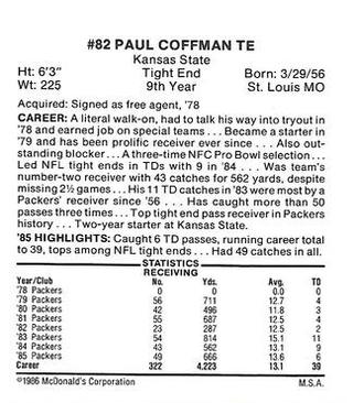 1986 McDonald's Green Bay Packers #NNO Paul Coffman Back
