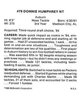 1986 McDonald's Green Bay Packers #NNO Donnie Humphrey Back
