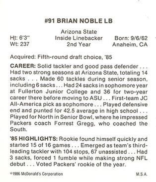 1986 McDonald's Green Bay Packers #NNO Brian Noble Back
