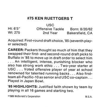 1986 McDonald's Green Bay Packers #NNO Ken Ruettgers Back