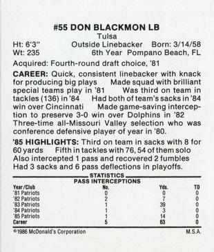 1986 McDonald's New England Patriots #NNO Don Blackmon Back