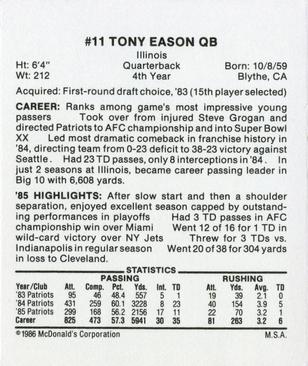 1986 McDonald's New England Patriots #NNO Tony Eason Back