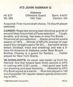1986 McDonald's New England Patriots #NNO John Hannah Back