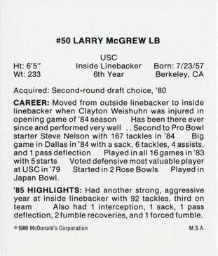 1986 McDonald's New England Patriots #NNO Larry McGrew Back