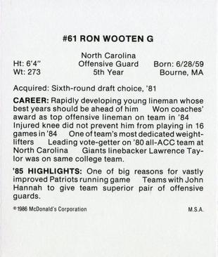 1986 McDonald's New England Patriots #NNO Ron Wooten Back