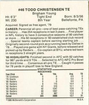 1986 McDonald's Los Angeles Raiders #NNO Todd Christensen Back