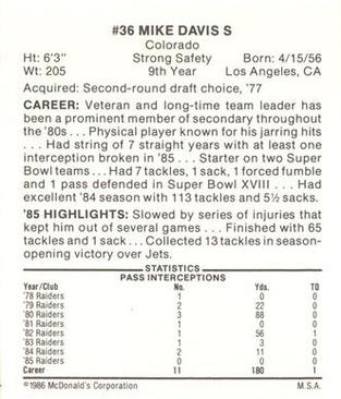 1986 McDonald's Los Angeles Raiders #NNO Mike Davis Back