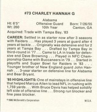 1986 McDonald's Los Angeles Raiders #NNO Charley Hannah Back