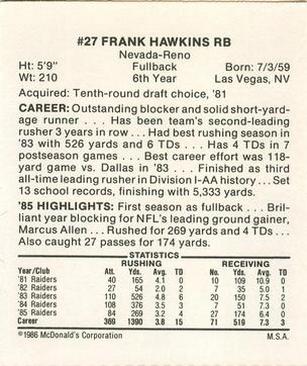 1986 McDonald's Los Angeles Raiders #NNO Frank Hawkins Back