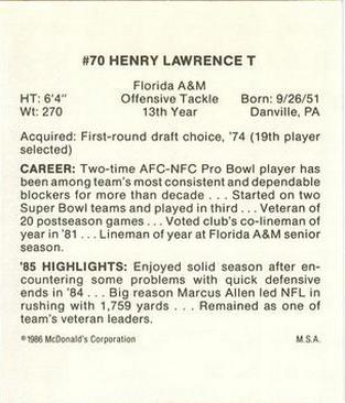 1986 McDonald's Los Angeles Raiders #NNO Henry Lawrence Back