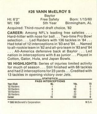 1986 McDonald's Los Angeles Raiders #NNO Vann McElroy Back