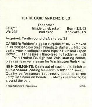 1986 McDonald's Los Angeles Raiders #NNO Reggie McKenzie Back