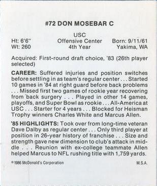 1986 McDonald's Los Angeles Raiders #NNO Don Mosebar Back