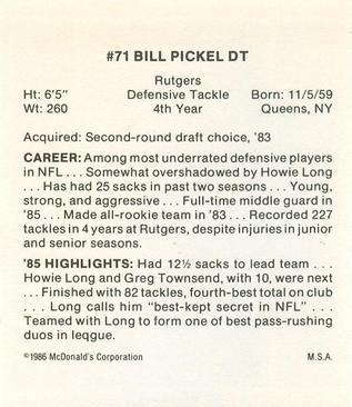1986 McDonald's Los Angeles Raiders #NNO Bill Pickel Back