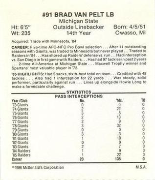 1986 McDonald's Los Angeles Raiders #NNO Brad Van Pelt Back