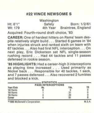 1986 McDonald's Los Angeles Rams #NNO Vince Newsome Back