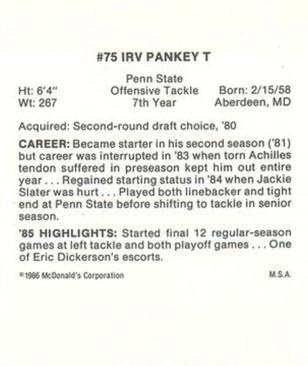 1986 McDonald's Los Angeles Rams #NNO Irv Pankey Back
