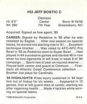 1986 McDonald's Washington Redskins #NNO Jeff Bostic Back