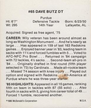 1986 McDonald's Washington Redskins #NNO Dave Butz Back