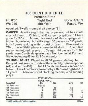 1986 McDonald's Washington Redskins #NNO Clint Didier Back