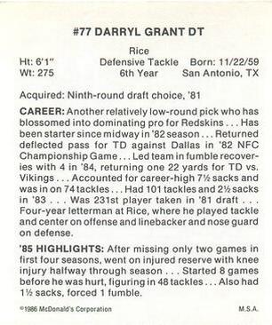 1986 McDonald's Washington Redskins #NNO Darryl Grant Back