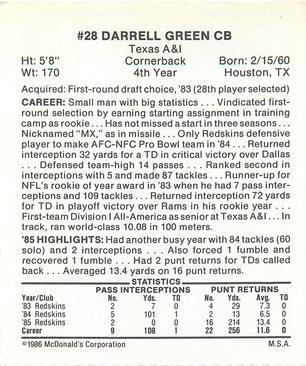 1986 McDonald's Washington Redskins #NNO Darrell Green Back