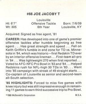 1986 McDonald's Washington Redskins #NNO Joe Jacoby Back