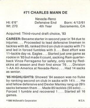 1986 McDonald's Washington Redskins #NNO Charles Mann Back