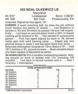 1986 McDonald's Washington Redskins #NNO Neal Olkewicz Back