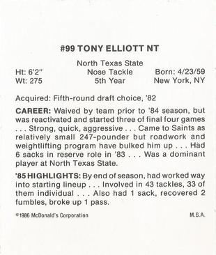 1986 McDonald's New Orleans Saints #NNO Tony Elliott Back