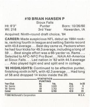1986 McDonald's New Orleans Saints #NNO Brian Hansen Back