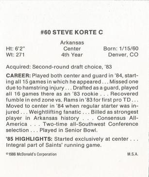 1986 McDonald's New Orleans Saints #NNO Steve Korte Back