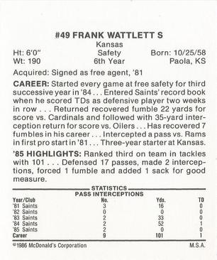 1986 McDonald's New Orleans Saints #NNO Frank Wattelet Back