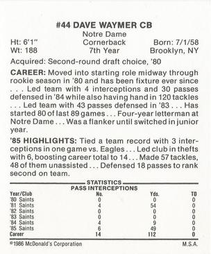 1986 McDonald's New Orleans Saints #NNO Dave Waymer Back