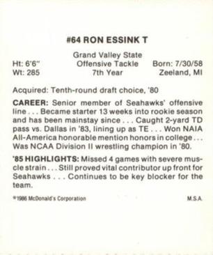 1986 McDonald's Seattle Seahawks #NNO Ron Essink Back