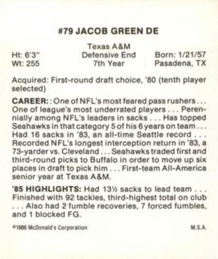 1986 McDonald's Seattle Seahawks #NNO Jacob Green Back
