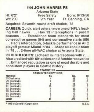 1986 McDonald's Seattle Seahawks #NNO John Harris Back