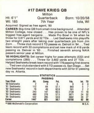 1986 McDonald's Seattle Seahawks #NNO Dave Krieg Back