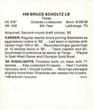 1986 McDonald's Seattle Seahawks #NNO Bruce Scholtz Back