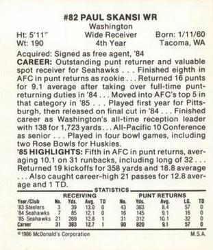 1986 McDonald's Seattle Seahawks #NNO Paul Skansi Back
