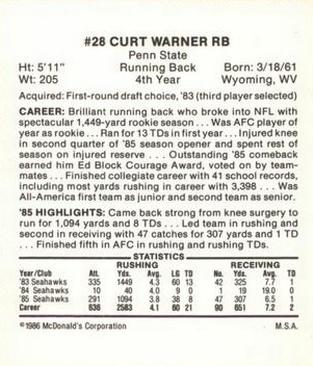 1986 McDonald's Seattle Seahawks #NNO Curt Warner Back